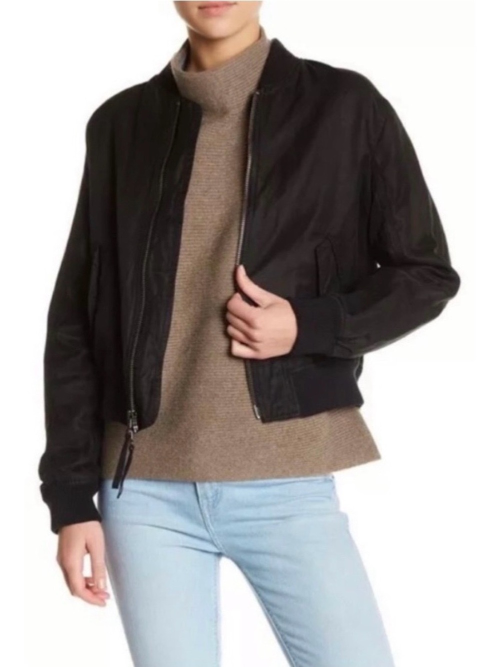 Vince Womens Linen Blend Bomber Jacket Black Cropped Minimalist Size Medium Chic